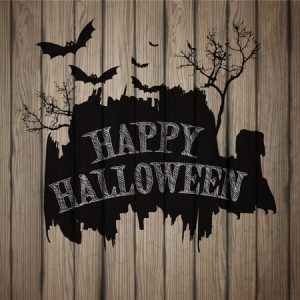 47390042 - happy halloween painted on wooden board, realistic vector illustration.