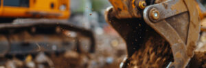 Close Up of an Excavator's Hydraulic Arm on a Construction Site. Concept of heavy machinery, industrial work, and building development.