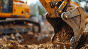 Close Up of an Excavator's Hydraulic Arm on a Construction Site. Concept of heavy machinery, industrial work, and building development.