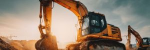 A powerful excavator working at a construction site during sunset, surrounded by dust clouds and a dramatic sky, showcasing industrial machinery in action.