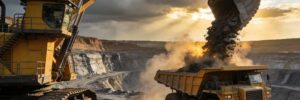 large excavator loading rocks into a haul truck at sunset in an open-pit mine